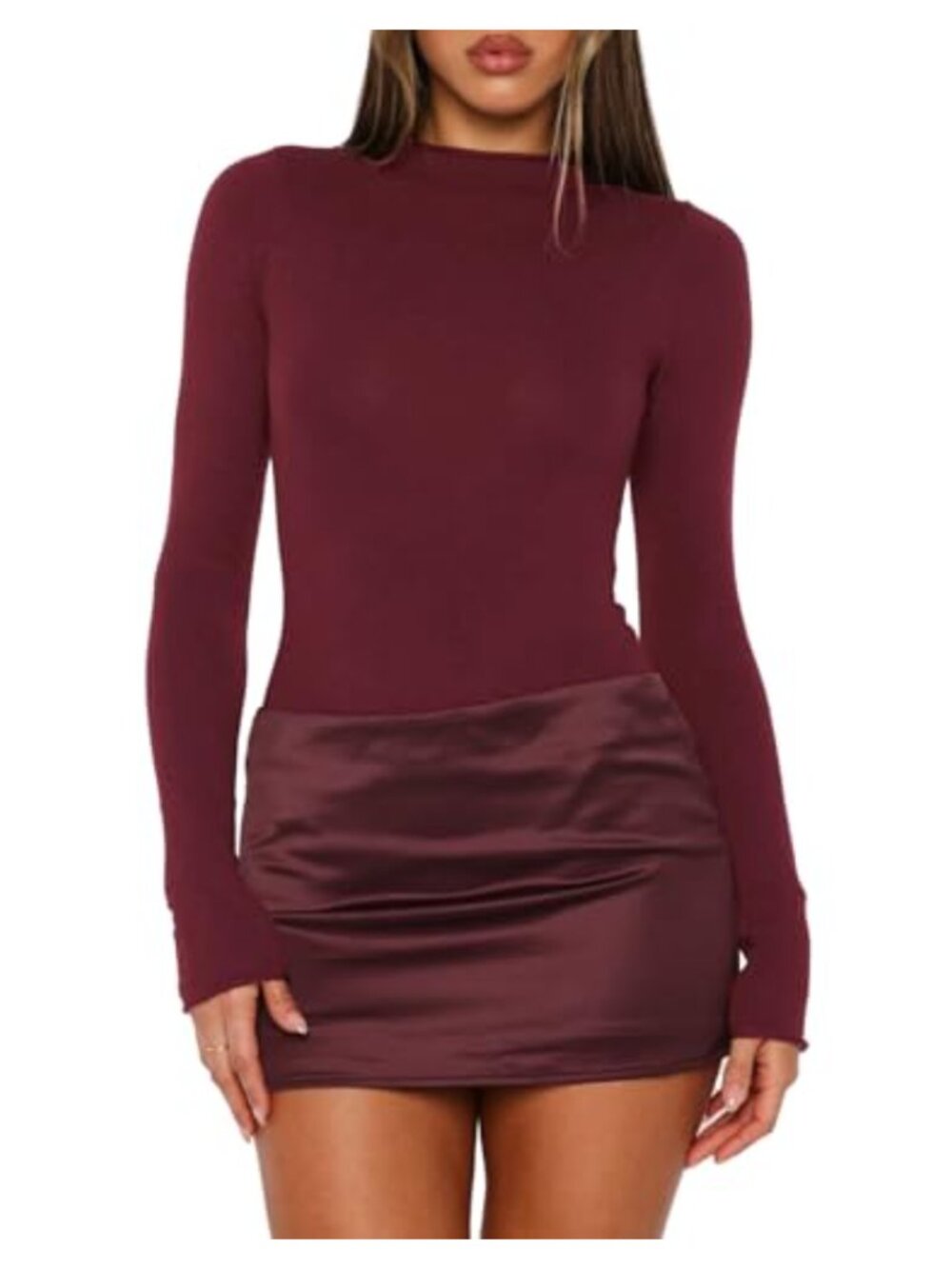 Womens 2 Piece Bodycon Mini Skirt Set Long Sleeve Mock Neck Bodysuit Satin